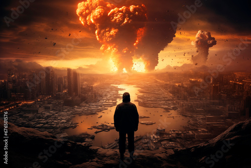 A man on the background of the city. Destruction. The concept of the World War