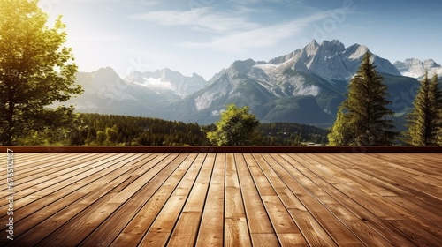 A wooden deck overlooking a breathtaking mountain  AI generated illustration photo
