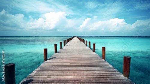 A wooden pier stretching out into the calm ocean  AI generated illustration © ArtStage