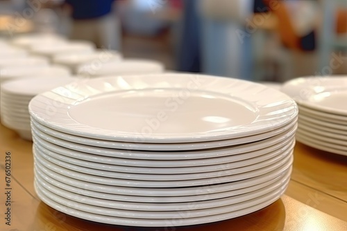 Stacks of Clean Plates at Hotel Breakfast Buffet, White Plates