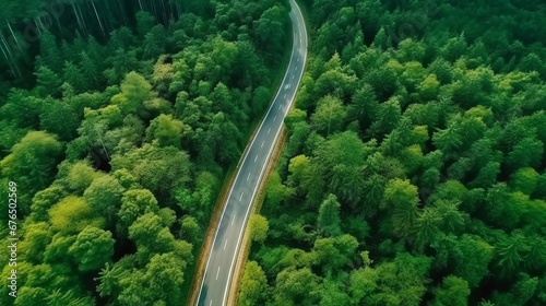Aerial top view of asphalt road through green forest AI generated illustration
