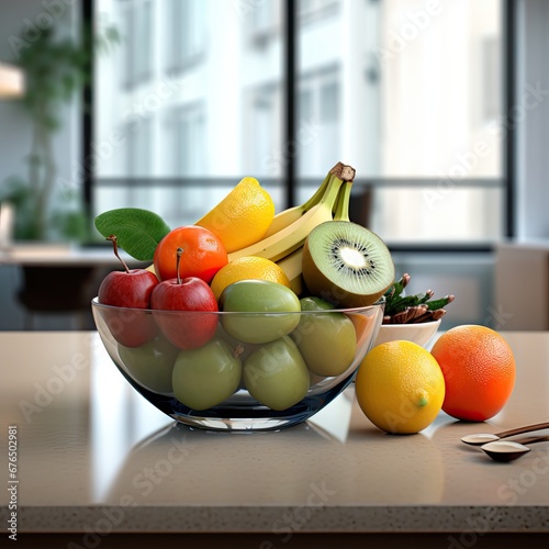 Fresh fruit in a flass bowl on kitchen counter photo