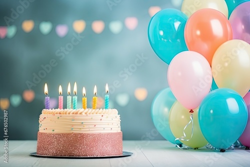 birthday cake with candles and balloons with copy space 