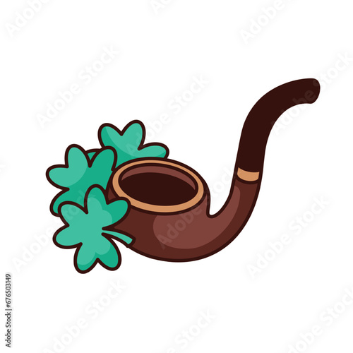 Groovy leprechaun smoking pipe and shamrocks vector illustration. Cartoon isolated retro sticker for St Patricks Day, old wooden item of magic lucky elf smoker character and green clover leaf