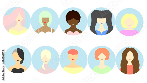 vector, illustration, design, girl, woman, avatar, profile picture, body positivity, body types, brunette, ginger, blonde, african american, tanned, short hair, pigtails, pink hair, black hair