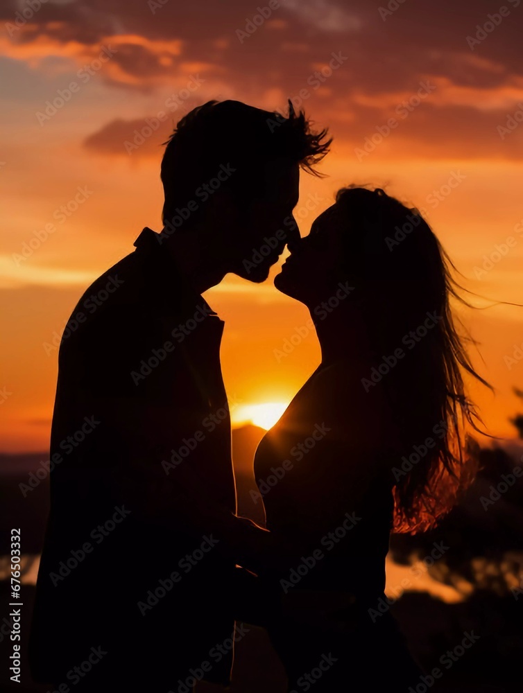 Couple in love silhouette during sunset - touching noses, AI generator