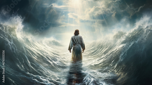 An Uplifting Tale Jesus Walking on Water Across the Sea of Galilee clouds and storm. ai generative