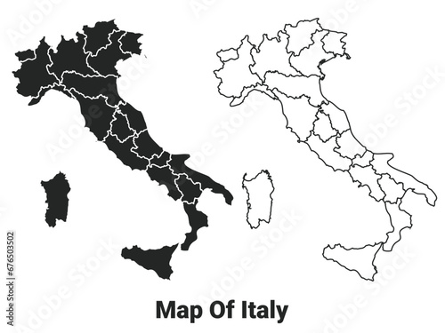 Vector Black map of Italy country with borders of regions