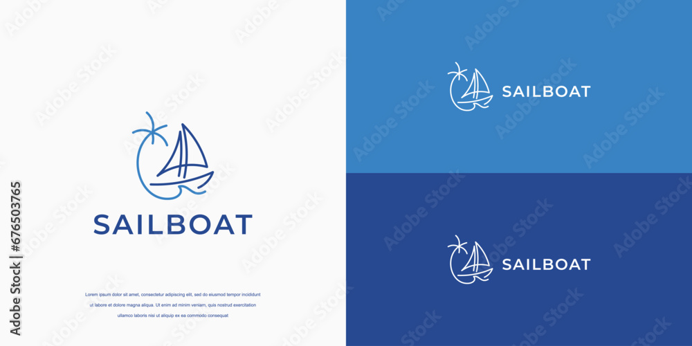 sail boat logo with wave icon - obrazy, fototapety, plakaty 