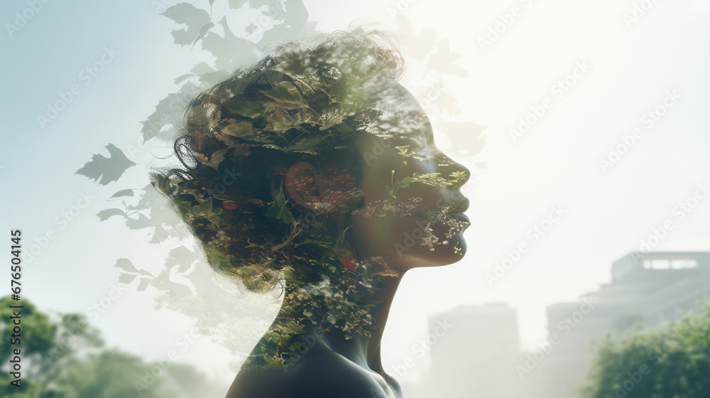 human head and tree leaves. concept of meditation, human desire to unite with nature and find peace in a noisy and dirty city. ai generative human head and tree leaves. concept of meditation, human desire to unite with nature and find peace in a noisy and dirty city. ai generative