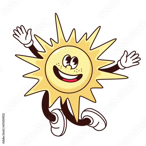 Groovy sun character vector illustration. Cartoon isolated cute sunny vacation sticker, jumping mascot of happy summer sun with sunshine and funky smile on face, comic emoji with arms and legs