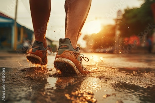 closeup of running man, shoes and dirty puddles