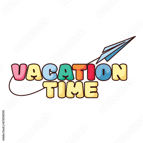 Groovy sticker with paper plane and Vacation Time text vector illustration. Cartoon isolated retro travel patch with funny colorful bubble font letters and airplane flying to vacation with line path