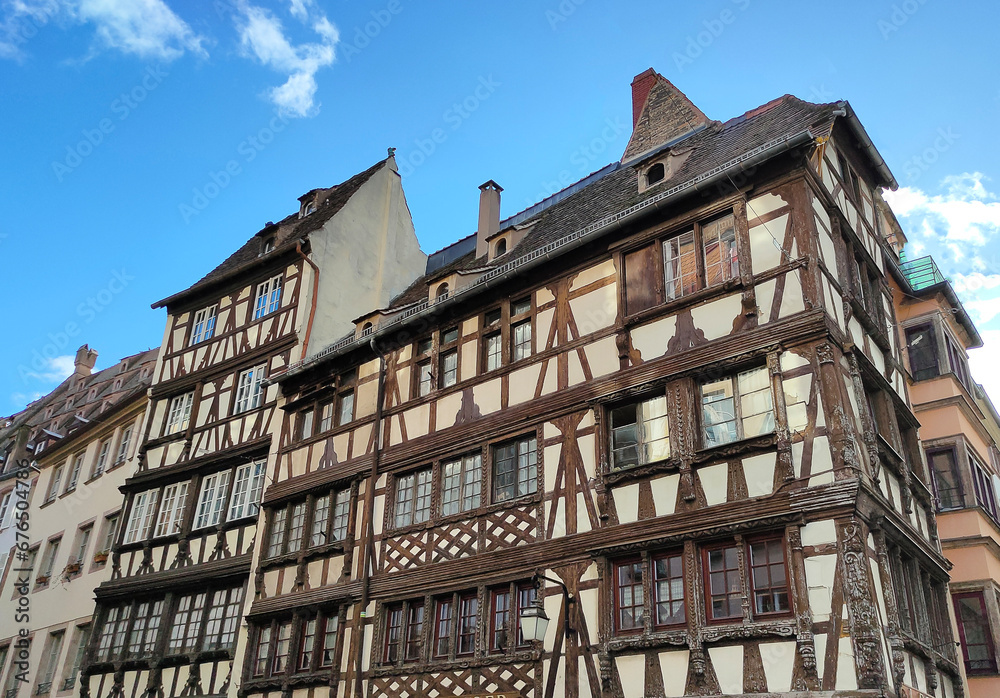 Historic wooden facade in downtown of Strasbourg, France,