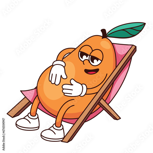 Groovy mango character sunbathing vector illustration. Cartoon isolated retro summer vacation sticker, tropical mango fruit mascot with arms and legs lying on beach chair to sunbathe and chill
