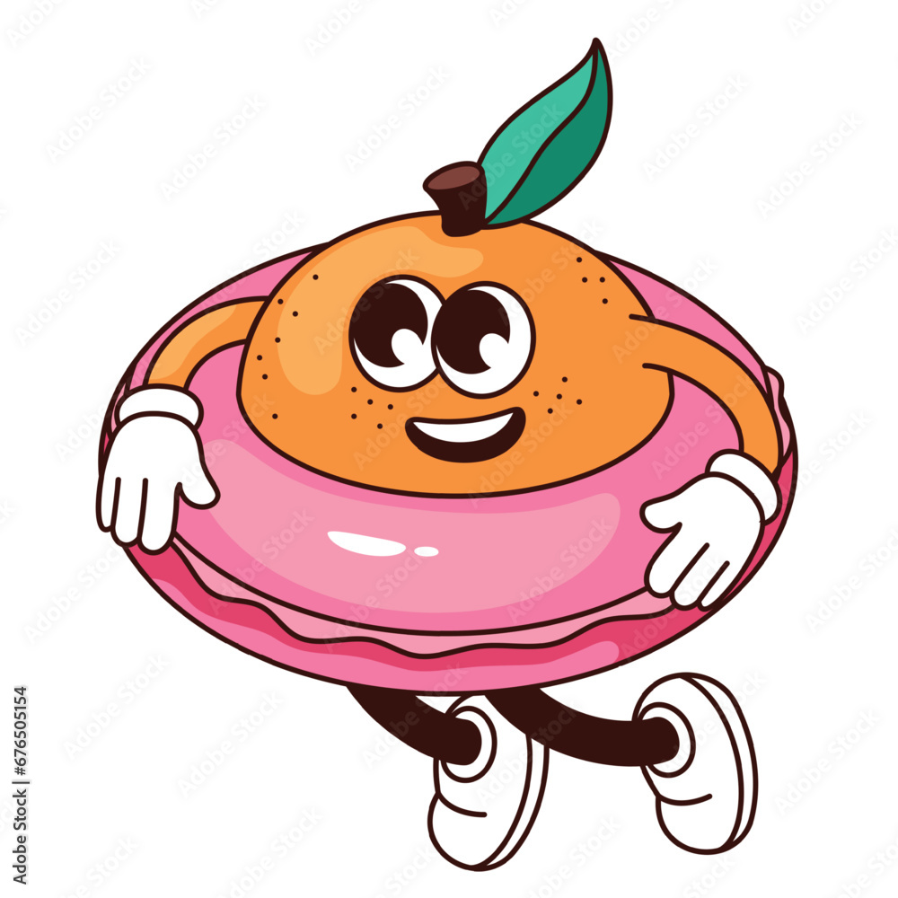 Groovy orange character with rubber ring vector illustration. Cartoon isolated retro comic sticker of happy funny tropical fruit swimming in beach pool, kawaii orange emoticon with arms and legs Groovy orange character with rubber ring vector illustration. Cartoon isolated retro comic sticker of happy funny tropical fruit swimming in beach pool, kawaii orange emoticon with arms and legs