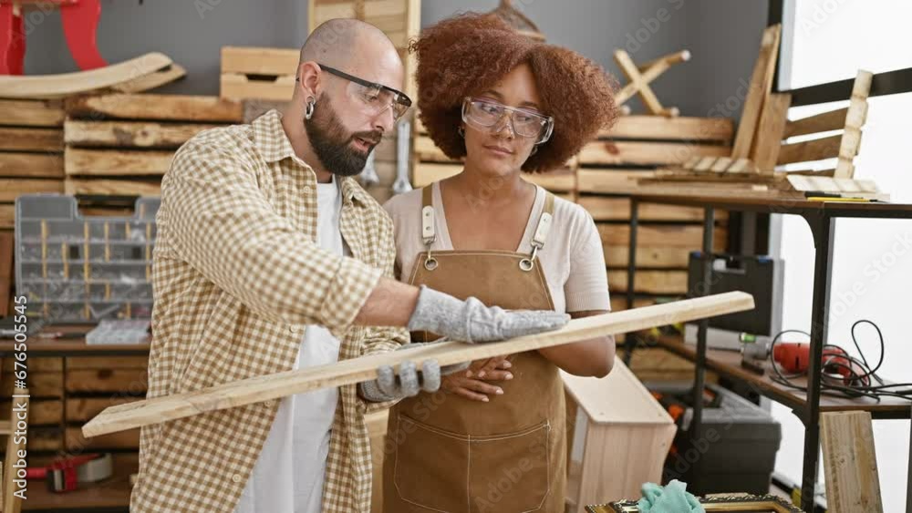 Two handyman partners putting their back into it, holding a massive wood plank in an old-school carpentry workshop – immersed in the world of woodworking, mastering their trade Two handyman partners putting their back into it, holding a massive wood plank in an old-school carpentry workshop – immersed in the world of woodworking, mastering their trade