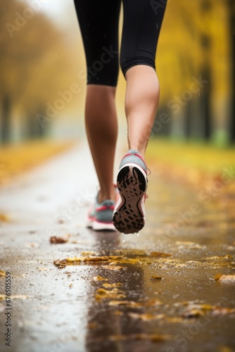 Jogging workout in autumn forest. Female legs close-up. Man during jogging workout in an autumn city park. Keeping fit in any age.