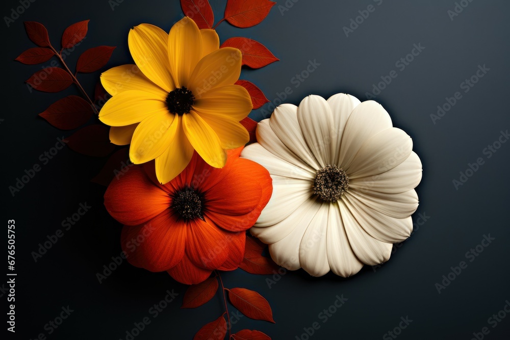 Yellow red and white flowers on black background 
