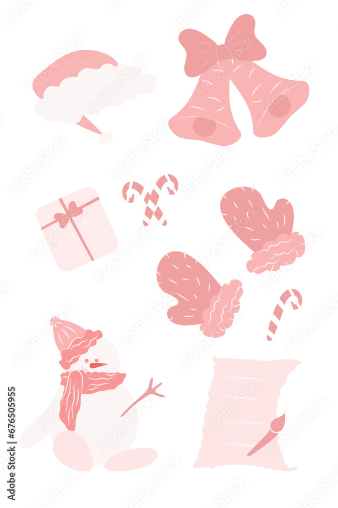 Christmas pink elements for invitation, postcard and banner. Vector drawing illustration.