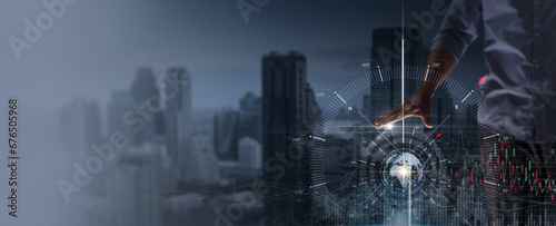 Картината върху платно Businessman with compass navigator and market research, Business growth, purpose and direction for business development