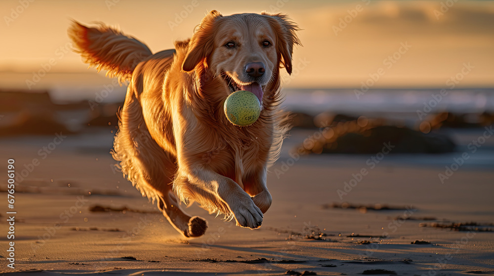 Golden Retriever Playing Fetch on Beach
