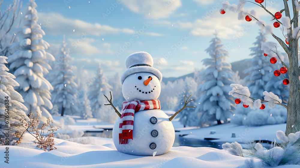 Obraz premium cute snowman in winter for christmas, banner
