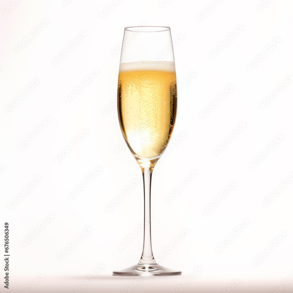 A crystal-clear flute glass of champagne isolated on white background