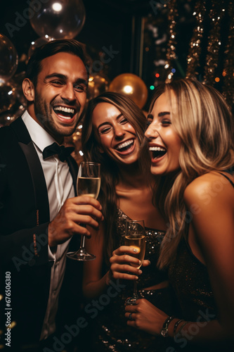 Friends at New Year's Party with Champagne Glasses - Medium Shot 