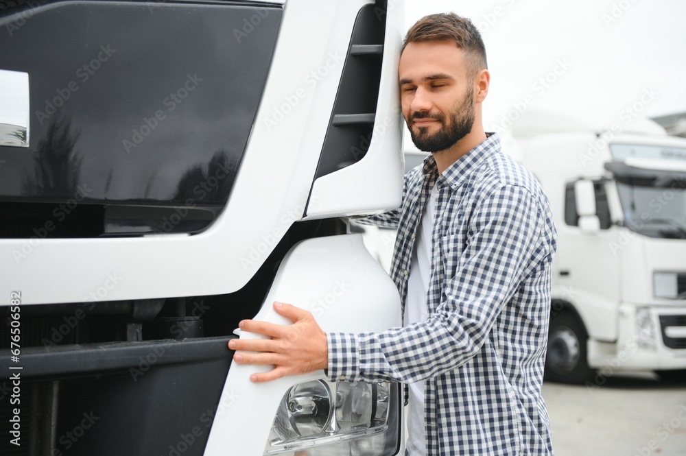 Truck driver loves his job. Professional trucker driver hugging his truck cabin loving his job. Truck driver loves his job. Professional trucker driver hugging his truck cabin loving his job.