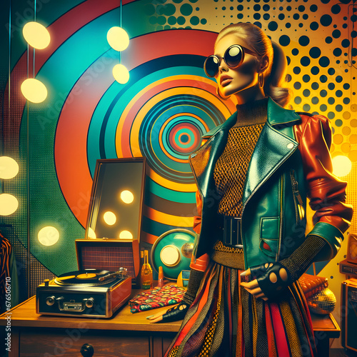 Images of a retro-futuristic girl in 60s-70s disco style, each with unique sunglasses, vibrant circle pop art backgrounds, blending vintage with futuristic flair.