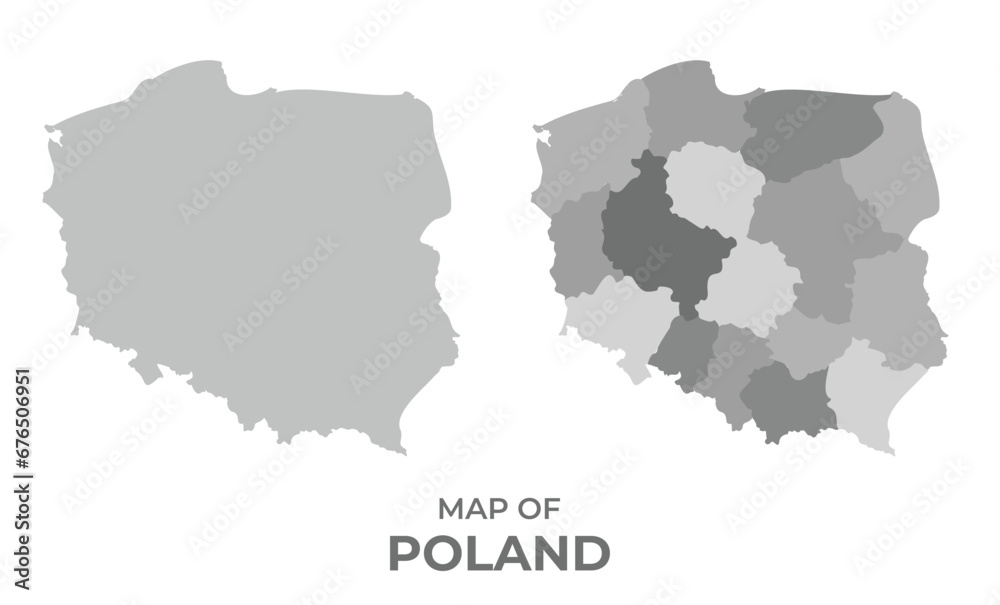 Greyscale vector map of Poland with regions and simple flat illustration