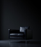 Black leather and metal sofa. Modern and minimalist style. Copy space