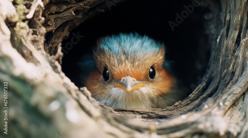 Foto Peering Baby Kingfisher Chick in a Riverbank Nest Hole