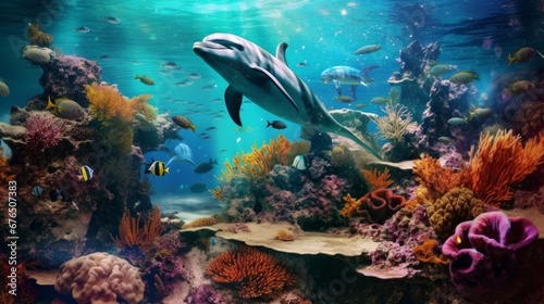 Fototapeta Naklejka Na Ścianę i Meble -  Dolphins and a reef undersea environment electronic  AI generated illustration