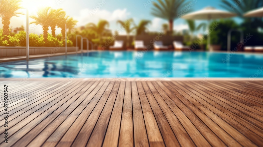 Empty wooden surface with summer travel hotel swimming  AI generated illustration
