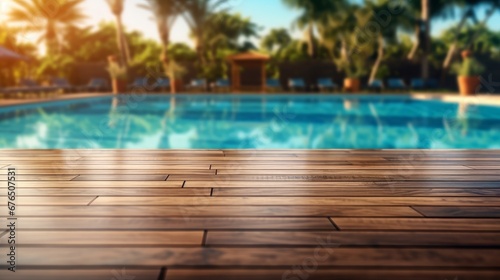 Empty wooden surface with summer travel hotel swimming AI generated illustration