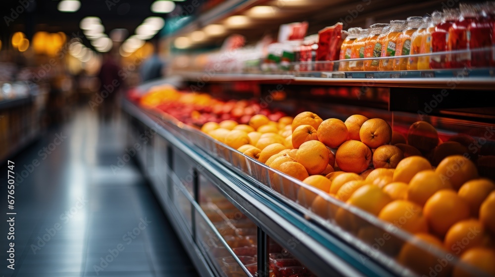 fruits and vegetables in supermarket shelves, Supermarket filled