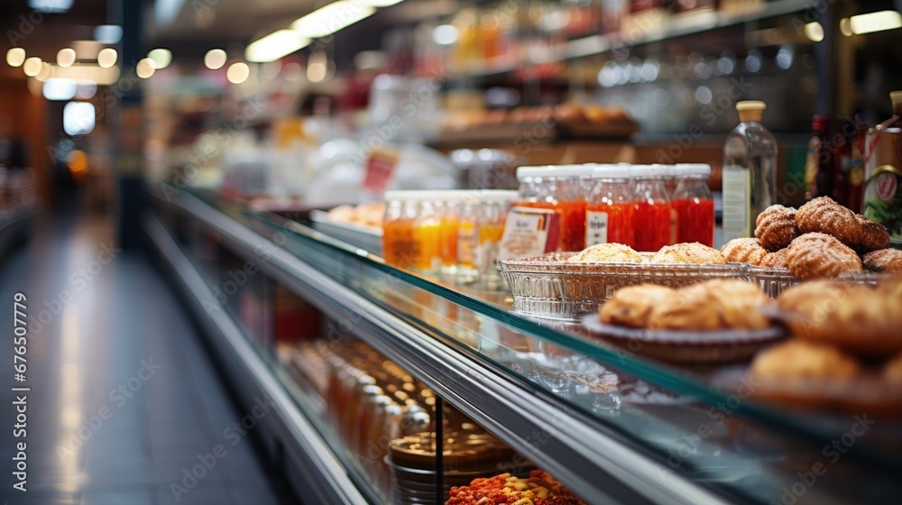 Perspective photo of store shelves. perfect for a supermarket or shop decor. Product view mock up