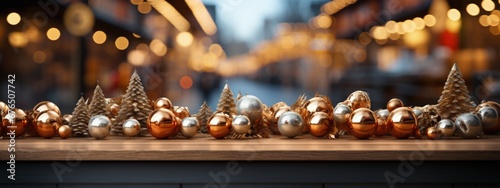 Christmas decorations on a wooden surface on the background of street food courts