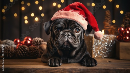 pug portrait on the background of a Christmas tree. Merry Christmas and Happy New Year concept