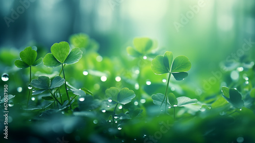 beautiful nature wallpaper. clover with dew drops among green grass. copy space. place for text. horizontal