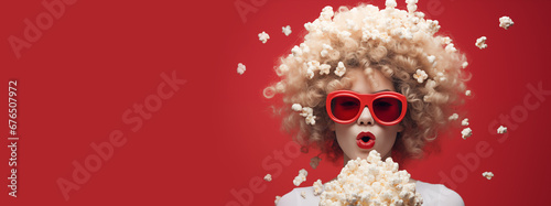 person with a popcorn. funny creative concept of film screening, film industry, film awards, oscar award. banner photo
