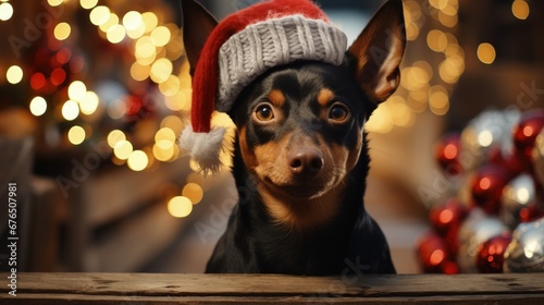 dachshund portrait on the background of a Christmas tree. Merry Christmas and Happy New Year concept © StasySin