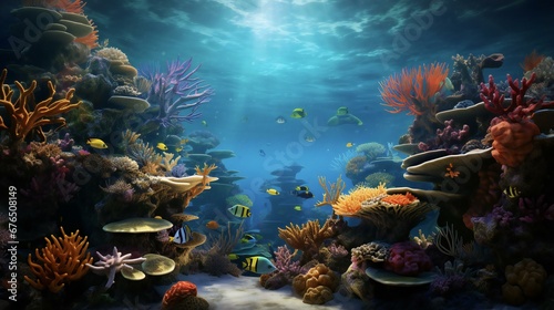 underwater scene with coral reefs and fish