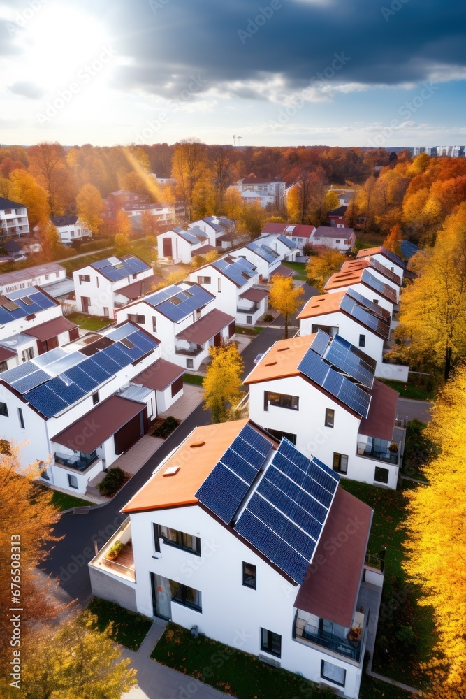 Eco-friendly apartment buildings with solar panels on roofs surrounded by autumn trees. Apartment buildings with environmentally friendly large batteries on rooftops on edge of multi-colored trees - obrazy, fototapety, plakaty 
