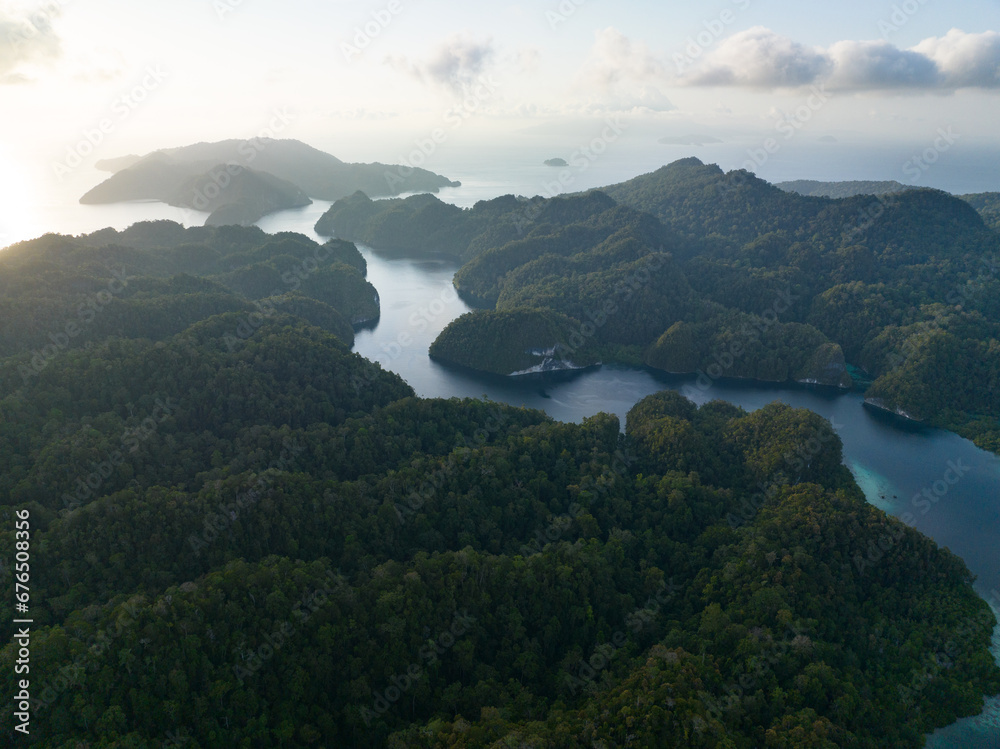 Rugged, jungle-covered islands surround a calm, narrow channel in Alyui Bay, Raja Ampat. This scenic area is known as the heart of the Coral Triangle due to its incredible marine biodiversity.