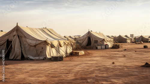 Camp of tents in the desert. Sand landscape.