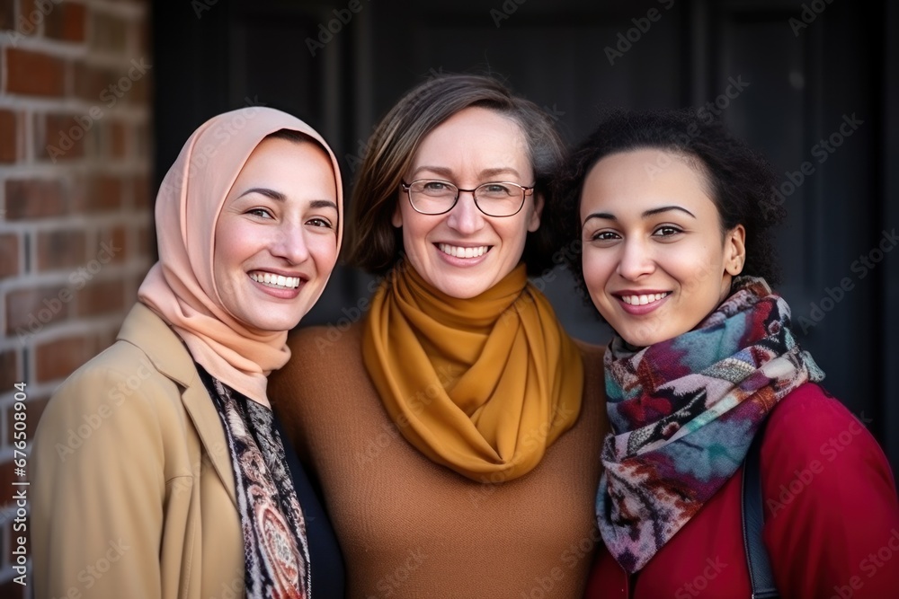 Women of different nationalities interact by smiling and embracing ...