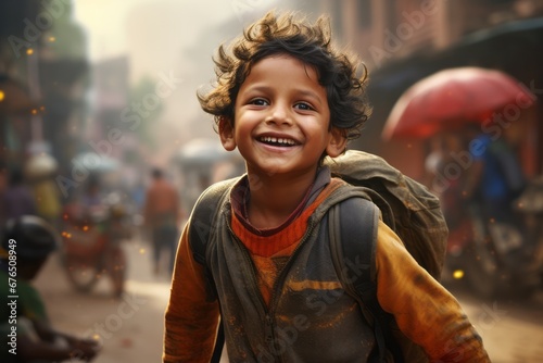 Little indian boy stands in the middle of the street and smiles at the camera